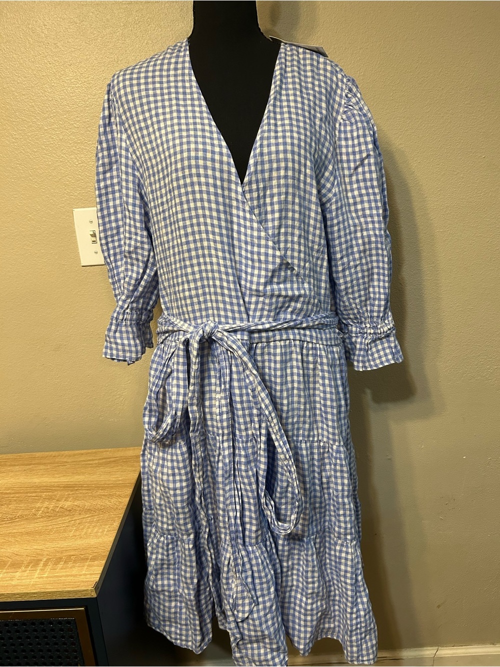 NWT Lauren Ralph Lauren Size 16 Linen Gingham Blue White Tie Waist Dress